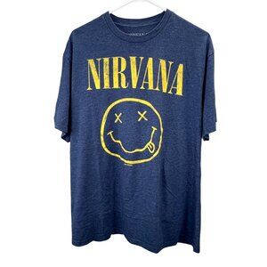 Nirvana T Shirt size L Men Blue Yellow Smiley Face Concert Tee Grunge Crewneck